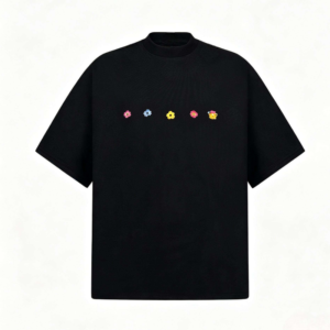 Classic Loom Oversized Graphic T-Shirt for Men | Cotton Ribbed Mock Neck Tee Black And Mini Flower